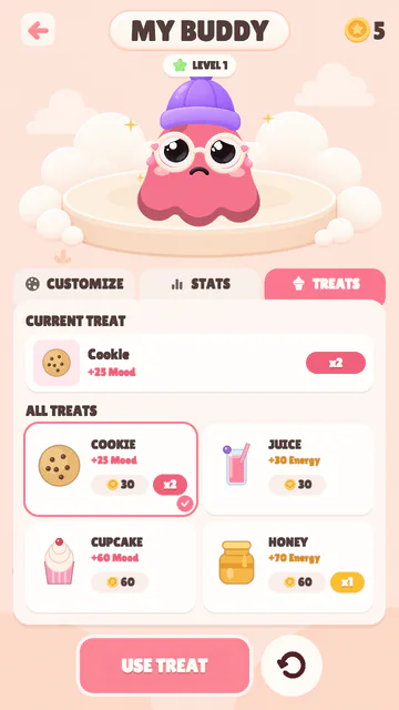 The buddy's treats tab: cookie, juice, cupcake and honey, each with what it restores.