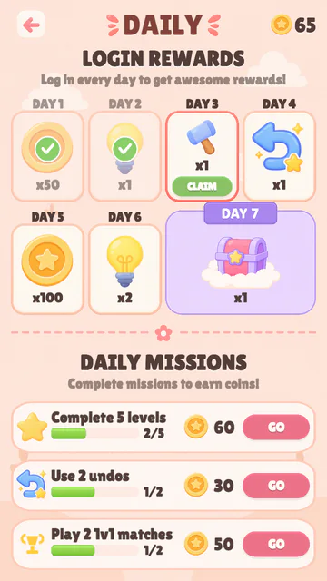 The Daily screen: login rewards for days one to seven with a chest on day seven, and three daily missions with coin rewards.