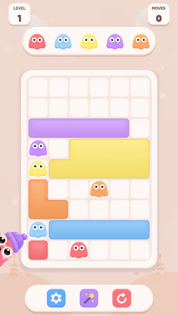 Level 1 being played: five jelly pieces and their creatures on the 6 by 9 board.