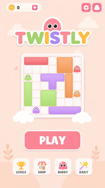 Twistly's main menu: the logo over a half-played board, a big PLAY button, and Levels, Shop, Buddy and Daily.