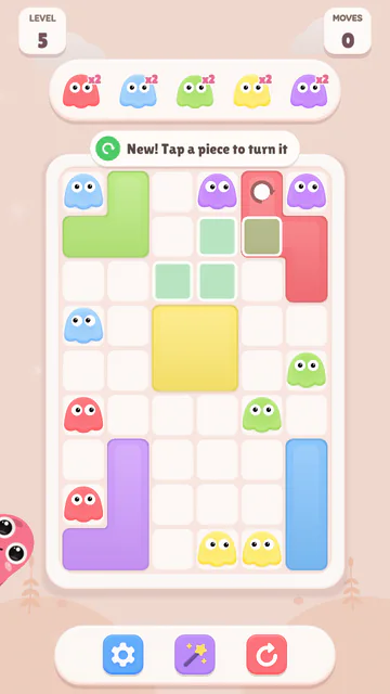 Level 5: a red piece is tapped and the landing of its turn is previewed in green on the board.